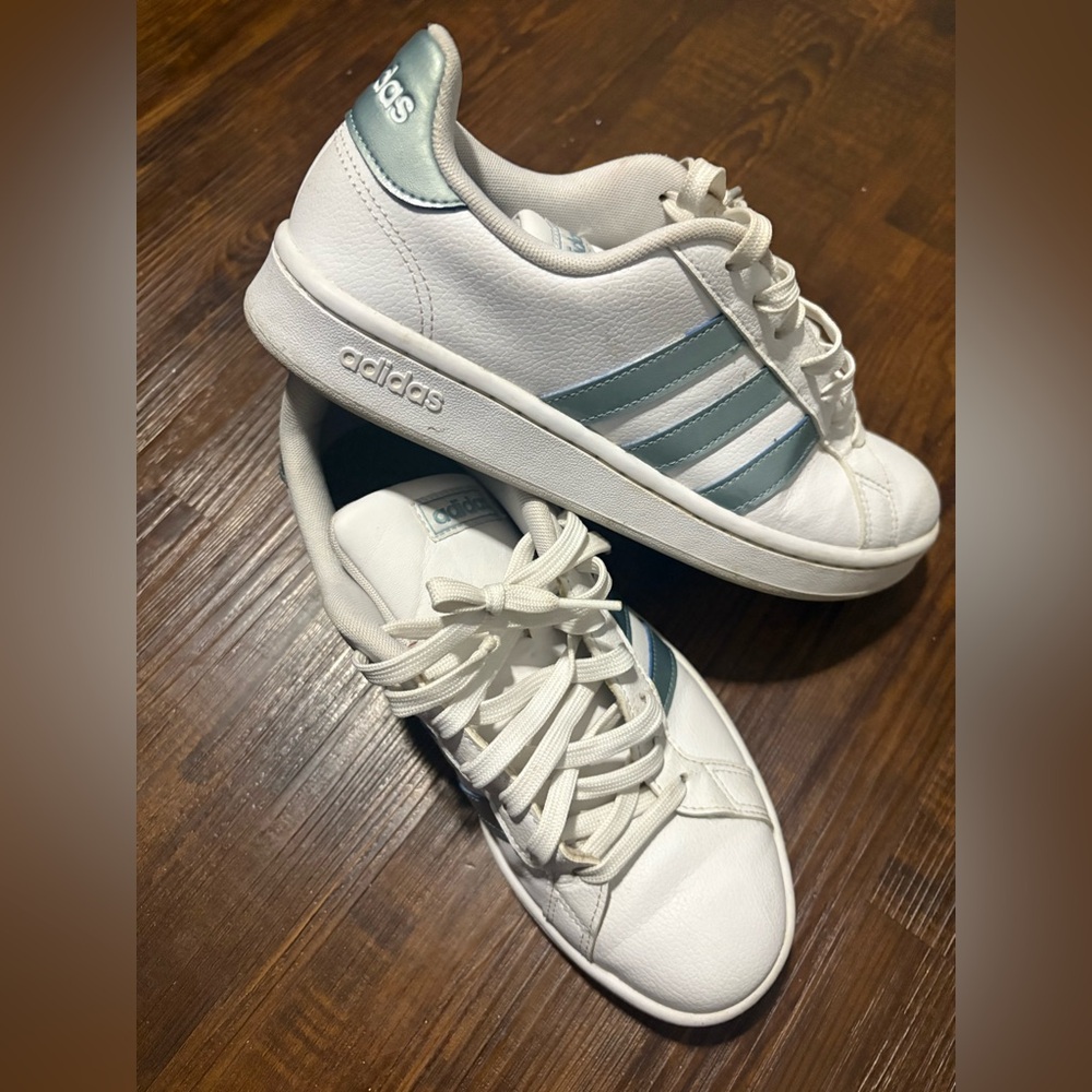 Adidas White Sneakers with Blue Stripes